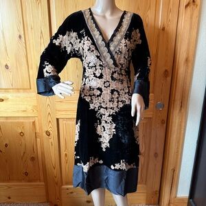 Hale Bob Velvet Beaded Midi Dress Size S Boho Lace Black Tan READ